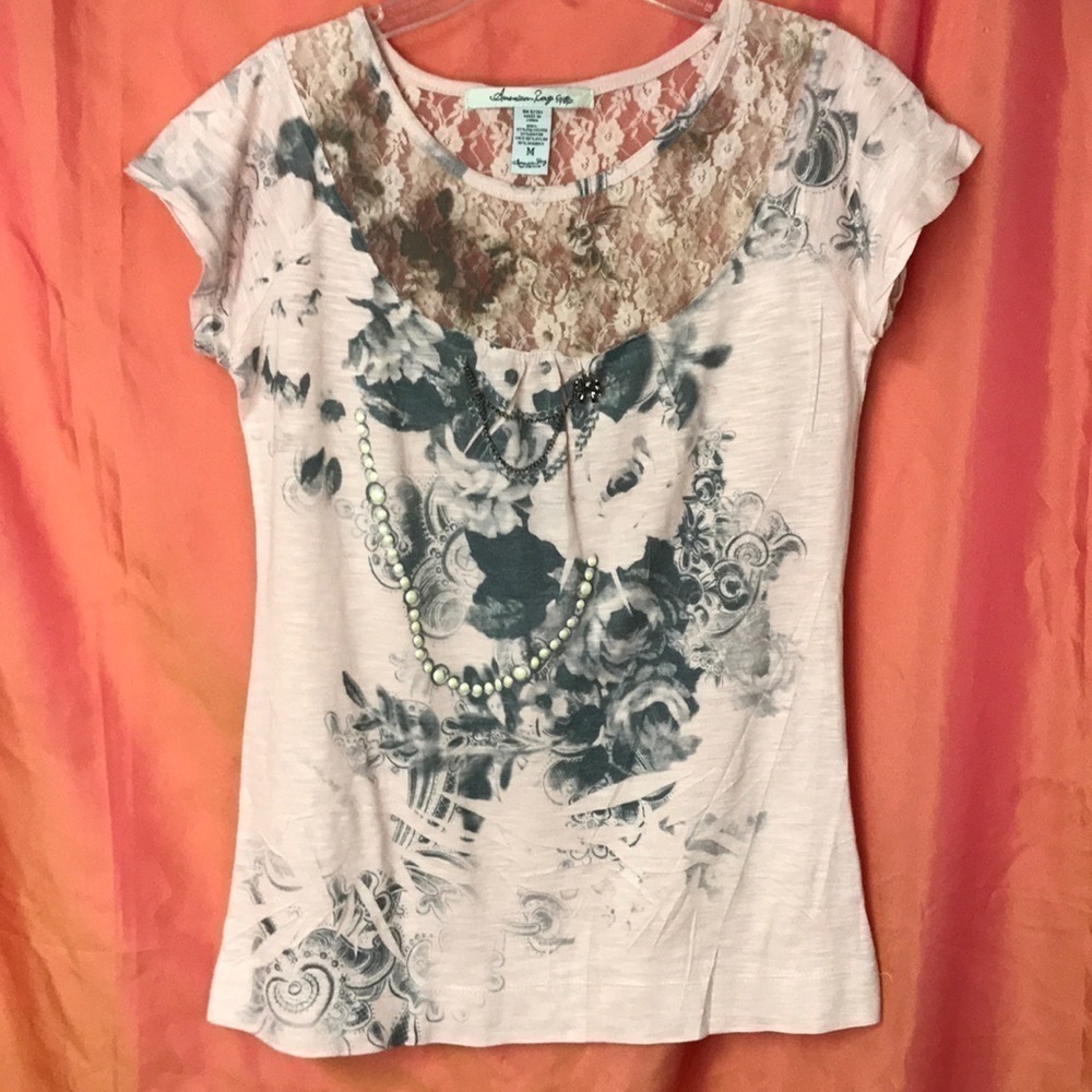 American Rag Women’s Top Size M Peach with Lace Jewel details Floral Cap Sleeve